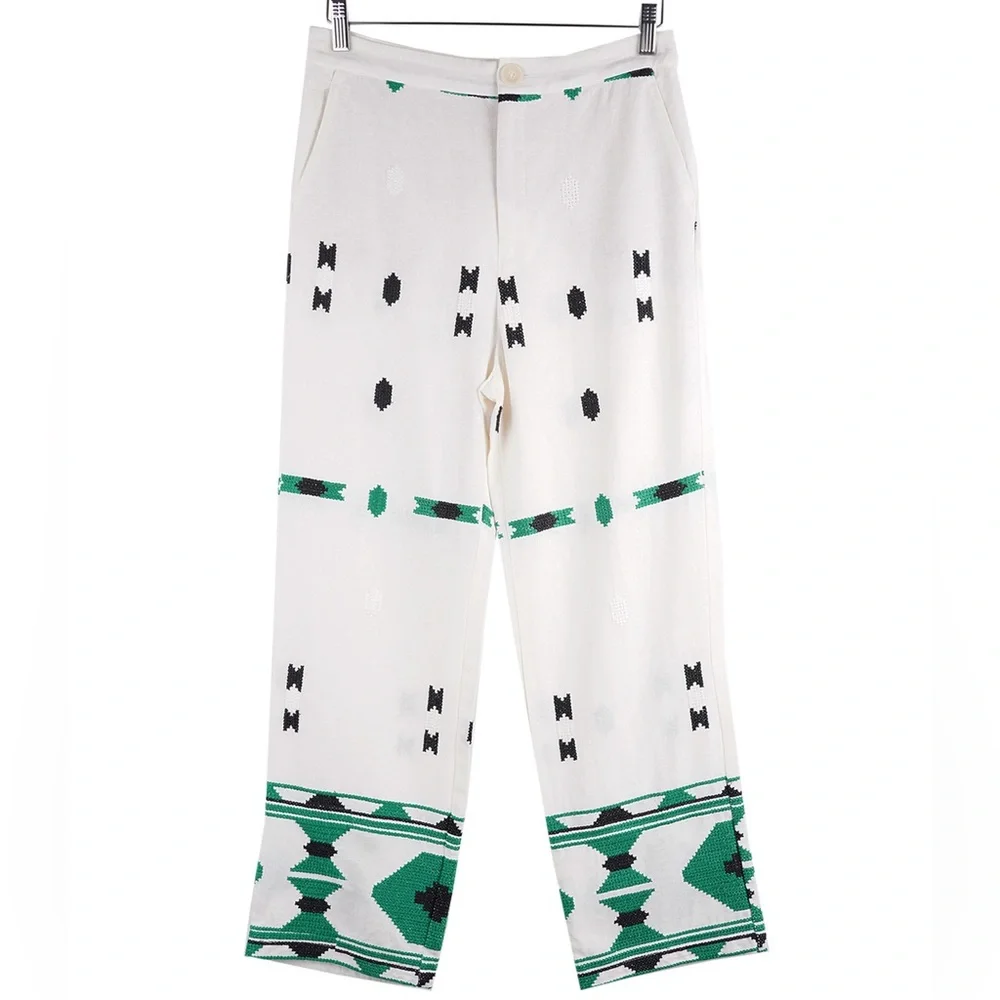 Zara Embroidered High Rise Waist Linen Crop Straight Beige Green Pant Womens M